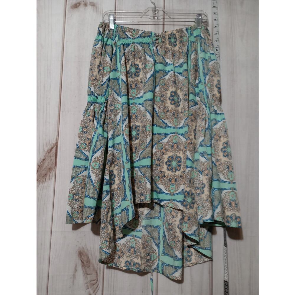 Blu Pepper Shirt Womens‎ Large Green Beige Boho Asymmetrical Chiffon Drawstring